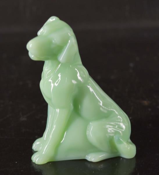Mosser Glass Dog: Featuring A Jadeite Green Glass Dog Statue Measuring 4" Tall And 3" Wide. Condition Is Good With No Chips, Nicks Or Cracks.