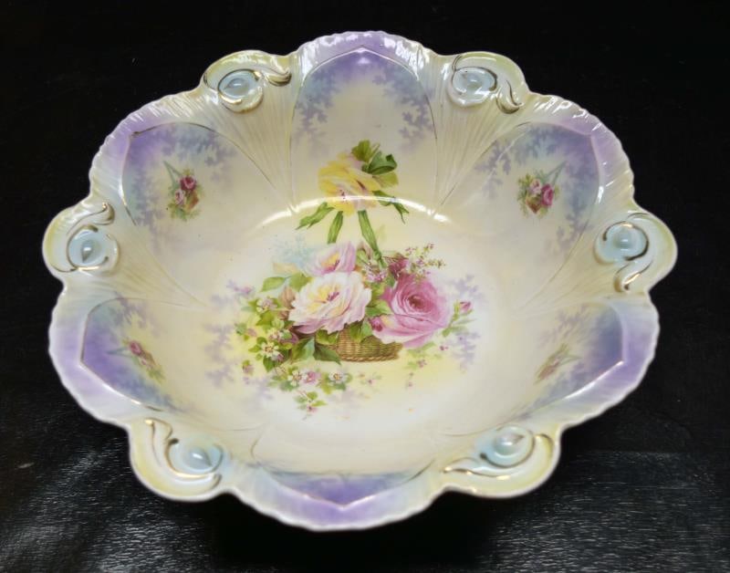 R S Prussia Bowl: Featuring A Floral Basket Bowl With Red Mark, Measuring 11" Across And 3" High. Condition Is Good With No Nicks, Chips Or Cracks.