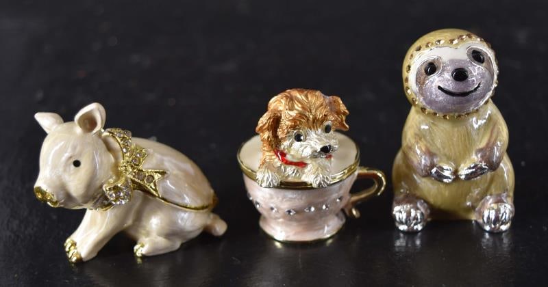 Enamel Trinket Boxes: Featuring One Sloth Measuring 2 1/4" Tall And 1 1/2" Wide, One Puppy On Tea Cup Measuring 2" Tall And 1 1/2" Wide, And One Pig Measuring 2" Tall And 2 1/2" Wide. All Are In Good Condition With No Nick