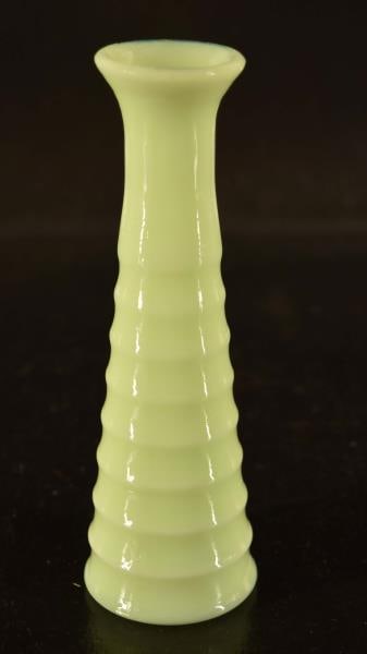 Green Uranium Jadeite Vase: Featuring A Jadeite Vase Measuring 6 1/4" Tall And 2" Wide. A Small Chip On The Rim, Photo Included.