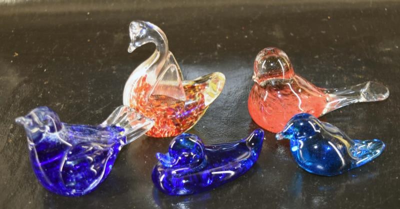 Group Of Art Glass Birds: Featuring 1 Murano Style Swan Red/green/white Measuring 4" Tall And 4" Wide, 1 Pilgrim Cobalt Glass Duck Measuring 2" Tall And 4" Wide, And 3 Glass Birds One Red/clear Measuring 3" Tall And 5" Wide, O