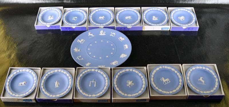 Wedgwood Ble Jasperware Zodiac Plates: Featuring All 12 Blue Zodiac Plates In Original Boxes Measuring 4 1/2" Across And A Large Blue Zodiac Plate Showing A 12 Zodiac Signs Measuring 9 1/2" Across. Condition Is Good On All Items With No Ni