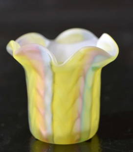 Murano Rainbow Satin Glass Toothpick: Featuring A Ruffled Edge Rainbow Satin Glass Toothpick, With The Original Foil Label. Measuring 2" Tall And 2" Across, In Good Condition, No Nicks, Chips Or Cracks.