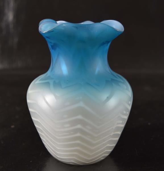 Blue Satin Glass Herrington Bone Victorian Vase: Featuring A Victorian Herrington Bone Quilted Satin Glass Vase. Measuring 5.5" Tall And 4.5" Across, With A Handkerchief Curved Top. There Is An Internal Defect When Created, Photo Is Included. No Chi
