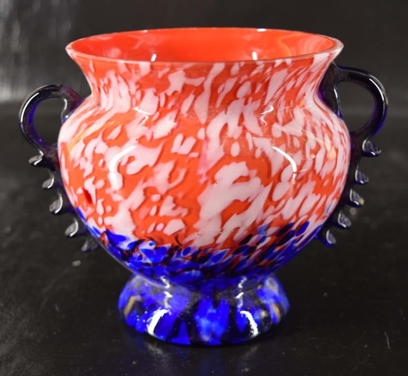 Czech Double Handle Art Glass Vase: Featuring A Signed Czechoslovakia Double Handle Art Glass Vase, Measuring 5 Tall And 6" Across. There Is A Tiny Nick On The Edge, Photo Is Included.