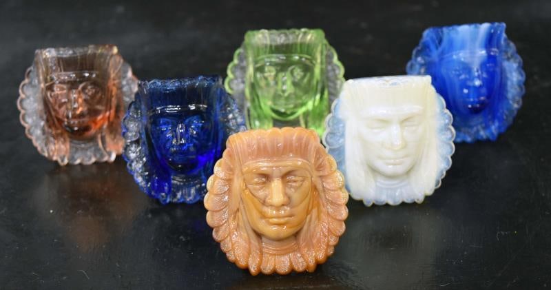 Boyd Glass Indian Head Toothpick Holder: Group Of 6 Toothpick Holders Each Measuring 2 1/2" Tall And 2 1/2" Wide In A Variety Of Colors. Condition Is Good With No Chips, Nicks Or Cracks.