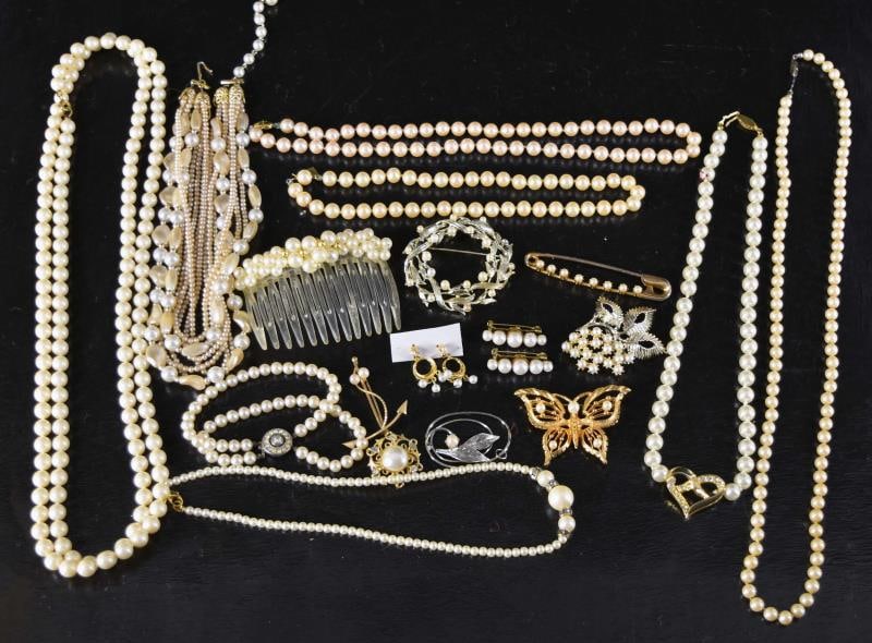 Collection Of Faux Pearl Jewelry: Featuring Necklace, Pins, Earrings And Pendants, The Necklace Have Several Hallmarks Marvella And Monet. The Anchor Pin Is Marked 1/20 14k Gf.