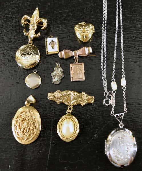 Vintage And Contemporary Lockets: Featuring A Group Of Vintage To Contemporary Lockets In Pins, Pendants And Necklace.