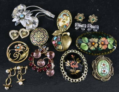 Collection Of Hand Painted & Gold Filled Jewelry: Consisting Of A Russian Hand Painted Pin, Van Dell Gold Filled Pin, Coro Apple Pin, Spain Inlaid Pin And Earrings, Sterling Bow Earrings, Sterling And Green Rhinestone Earrings, Etc.