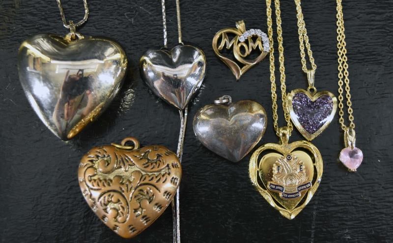 Collection Of Heart Necklaces & Pendants: Featuring Heart Necklaces And Pendants, Including Several Lockets And Sterling Mom In Heart Pendant.