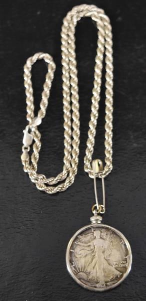 Sterling Silver Chain With 1942 Walking Liberty: Featuring A Sterling Silver Chain With A 1942 Walking Liberty Half Dollar On A Bezel. The Bezel Is Missing A Large O Ring To Attach To The Chain.