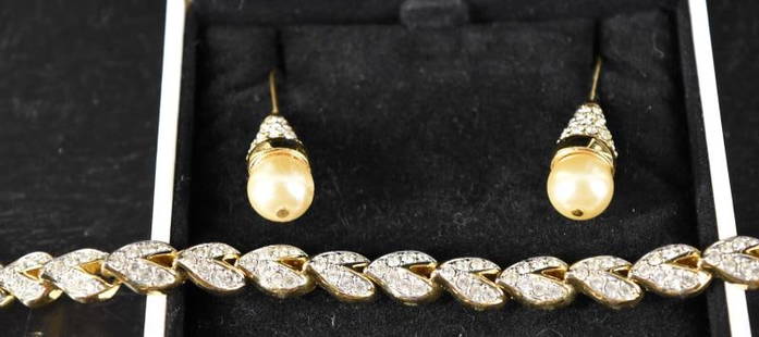 Swarovski Crystal Bracelet & Earrings: Featuring A Swarovski Crystal Rhinestone Bracelet And Faux Pearl And Crystal Rhinestone Earrings. Bracelet Measures 7" Long. Both In Very Good Condition.