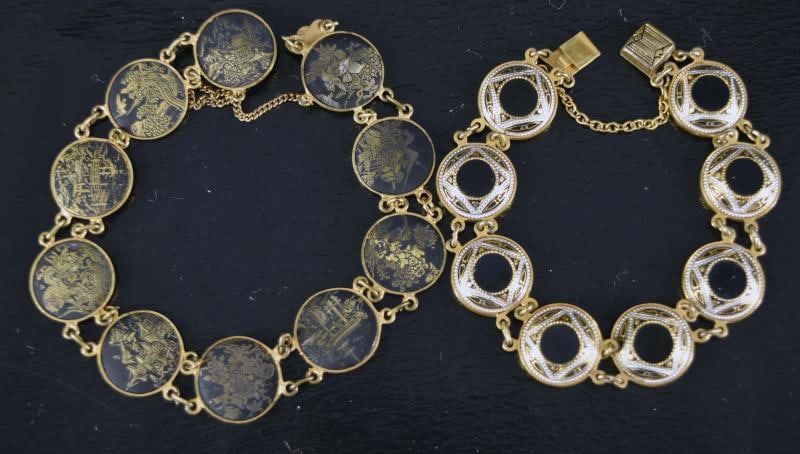 Two Gold Tone Chain Link Bracelets: Featuring A Gold Tone And Black Enamel Bracelet. Together With An Asian Scene Gold Tone Bracelet. Both Measures Approximately .5" Wide And 8" Long. No Hallmarks.