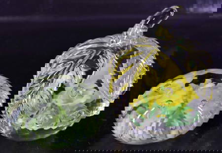 Paperweights By Jim Davis And St Clair Glass: Featuring Jim Davis Apple Paperweight With Yellow Flowers Measuring 4 1/2" Tall X 4" Wide And St Clair Glass Paperweight With Green Flowers Measuring 3 1/2" Wide X 2" Tall. Condition Is Good On Both I