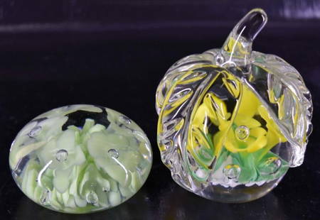 Paperweights By Jim Davis And St Clair Glass: Featuring Jim Davis Apple Paperweight With Yellow Flowers Measuring 4 1/2" Tall X 4" Wide And St Clair Glass Paperweight With Green Flowers Measuring 3 1/2" Wide X 2" Tall. Condition Is Good On Both