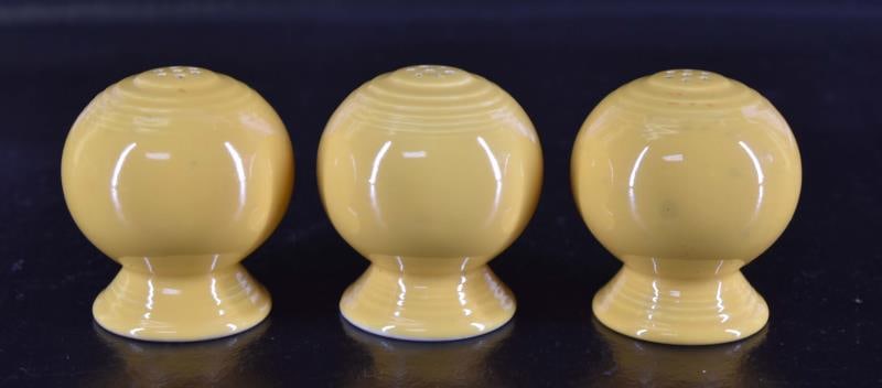 Three Fiesta Ware S/p Shakers: Featuring Yellow Shakers Each Measuring 2 1/2" Tall X 2 1/2" Wide. Condition Al All Items Is Good With No Chips, Nicks Or Cracks.
