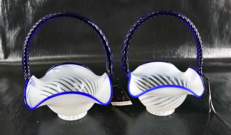 Fenton Cobalt Blue French Opalescent Baskets: Featuring A Pair Of 80th Anniversary Baskets Each Measuring 8" Tall Including Handle X 6" Wide. Condition Is Good With No Chips, Nicks And Cracks.