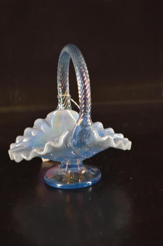 Fenton Blue Opalescent Inverted Strawberry Basket: Featuring A Small Iridescent Ruffled Basket Measuring 6" Tall Including Handle And 5" Wide. Condition Is Good With No Chips, Nicks Or Cracks.