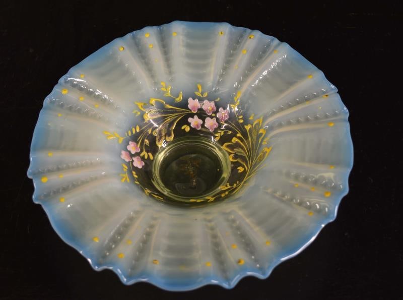Moser Style Czech Enameled Bowl: Featuring A Vaseline Blue Opalescent Decorative Bowl Measuring 1 3/4" Tall X 7 1/2" Wide. Condition Is Good With No Chips, Nicks Or Cracks