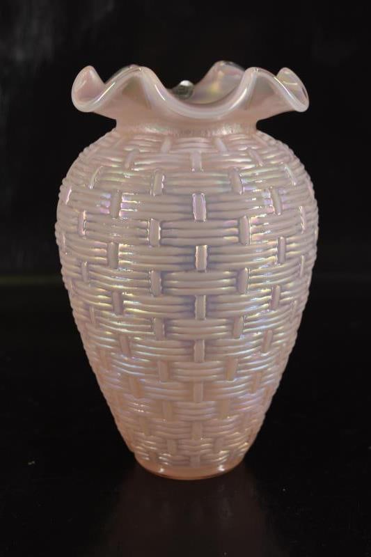 Fenton Champagne Basket Weave Vase: Featuring A Champagne Opalescent Iridized Vase Measuring 8" Tall X 5" Wide. Condition Is Good With No Chips, Nicks Or Cracks.