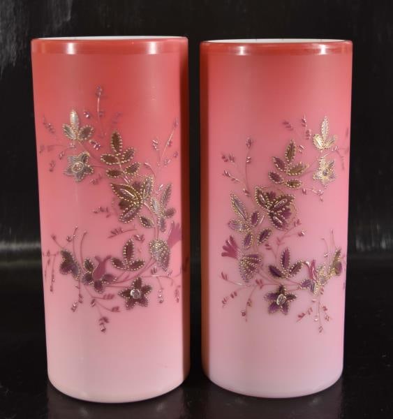 Pair Of Pink Satin Glass Vases: Featuring French Cased Glass With Gold Flowers/leaves Measuring 9" Tall X 4" Wide. Condition Is Good With No Chips, Nicks Or Cracks.