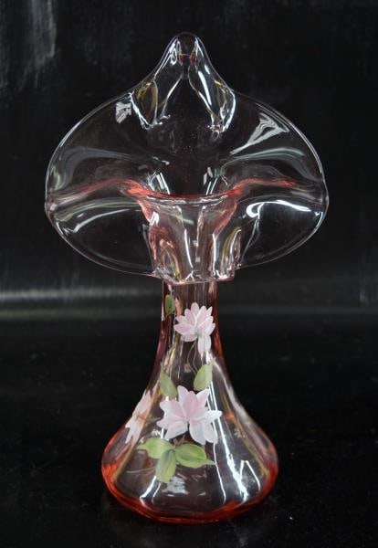 Fenton Pink Jack In The Pulpit Vase: Featuring Pink Hand Painted Vase Signed By D. Cutshaw Measuring 10 1/2" Tall X 6" Wide. Condition Is Good With No Chips, Nicks Or Cracks.