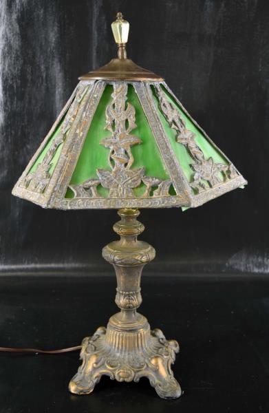 1920's Green Slag Glass Lamp: Featuring A Rustic Lamp Measuring 20" Tall With Finial With Base 6" Wide And Shade Measuring 7 1/2" Tall X 12 1/2" Wide. Lamp Base Condition Is Good With No Chips, Nicks Or Cracks And The Slag Glass I