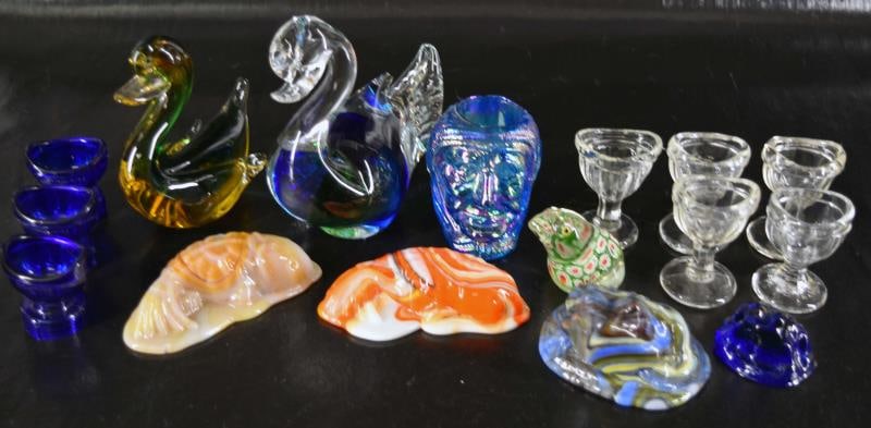 Collection Of Glass Figurines: Featuring Two Murano Type Swans Clear/green/blue Measuring Up To 4 1/2" Tall X 4 1/2" Long, Three Slag Glass Paperweights; A Blue/green Frog Measuring 1 3/4" Tall X 3 1/4" Wide And Two Orange/caramel 