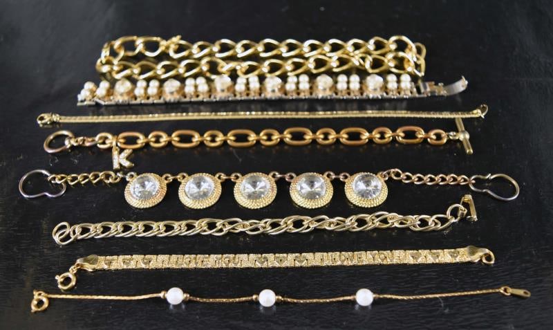Eight Goldtone Chain Bracelet: Featuring Eight Goldtone Various Chain Bracelets, With Faux Pearls. Rhinestones, Double Strand, Etc.