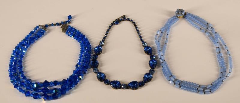 Three Vintage Blue Rhinestone And Bead Necklaces (1 of 8)