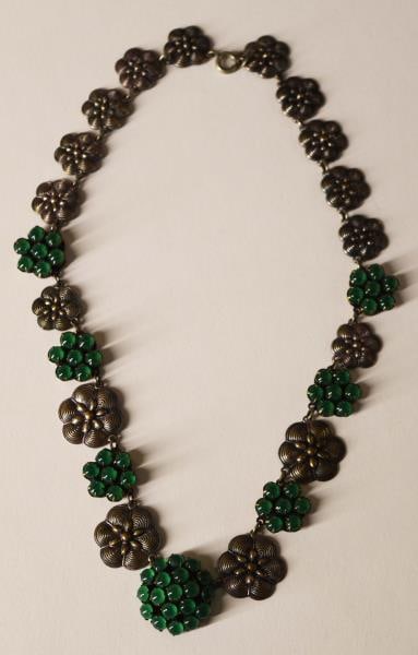 Fishel Nessler Art Nouveau Necklace: Featuring A F. N. Co. Marked Necklace With Floral Roundels And Green Clusters In A Choker Necklaces,. The Necklace Measures 15" Long And The Center Cluster Is .75" Wide. The Green Clusters All Glow Gr