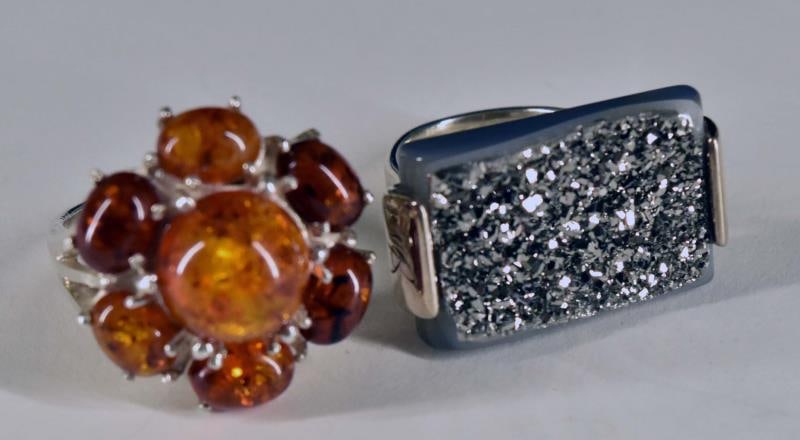 Sterling Silver Amber & Druzy Quartz Rings (1 of 9)
