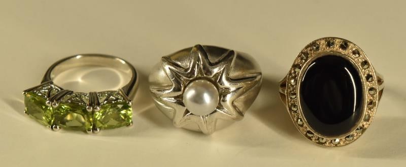 Three Sterling Silver Peridot, Pearl & Onyx Rings (1 of 11)
