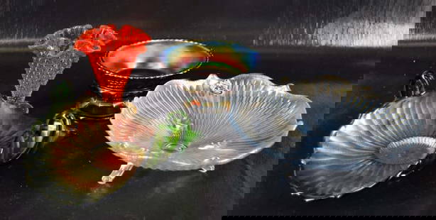 Fenton And Northwood Carnival Glass Items: Featuring A Fenton Stippled Rays Green Carnival Glass Tray, A Fenton Light Blue Stretch Three Footed Carnival Glass Dish And A Northwood,grape & Cable Amethyst Carnival Glass Bowl. The Fenton Carnival