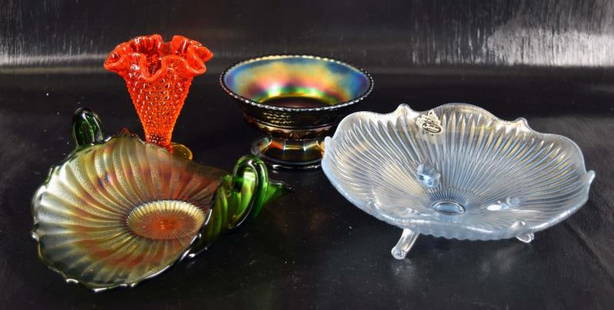 Fenton And Northwood Carnival Glass Items: Featuring A Fenton Stippled Rays Green Carnival Glass Tray, A Fenton Light Blue Stretch Three Footed Carnival Glass Dish And A Northwood,grape & Cable Amethyst Carnival Glass Bowl. The Fenton Carnival