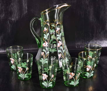 Green Victorian Pitcher And Glasses: Featuring A Green Glass Pitcher Decorated With Enamel Flowers, Measuring Almost 12" Tall And 7" Spout To Handle. Together With Six Matching Enamel Painted Glass Tumblers, Measuring 4" Tall And 3" Acro