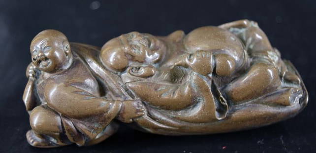 Asian Gods Of Luck Bronze Sculpture: Featuring A Bronze Asian Sculpture Depicting The Gods Of Luck Reclining, Marked On Back Cho Lin, Measuring 2.25" Tall And 5" Long, Good Condition.,