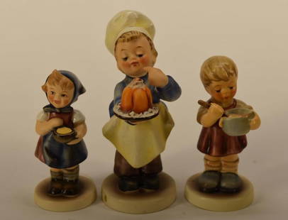 Three Hummel Figurines #128, 629 & 2116: Featuring The Hummel Figurines #128 Baker, Measuring 4.75" Tall With Hallmark #5. Hummel Figure #629 From Me To You, Measuring 3.5" Tall With The 1995 Hummel Collectors Club Hallmark. Together With Th