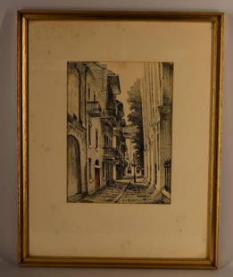 Malcom Paul Newman Lithograph Drawing: Featuring A Framed Malcom Paul Newman Black Ink Lithograph Of New Orleans, Measuring , 21" X 17" Frame And 12" X 8.5" Sight.