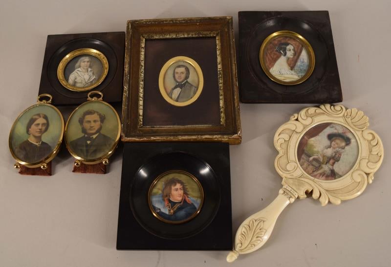 Group Of Miniature Portraits: Featuring Seven Miniature Portraits On Wafers Of Men And Women, Including Napoleon Bonaparte Painted By Lucia And A Hand Held Mirror. The Mirror Measures9.5" Long And 5" Across. The Framed Portraits M