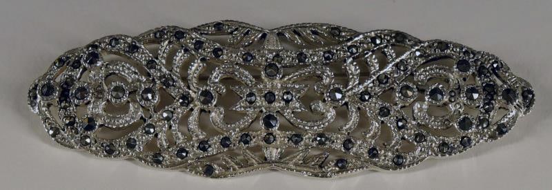 Vintage Sterling Silver & Marcasite Pin / Brooch: Featuring A Vintage Sterling Silver And Marcasite Pin Or Brooch, Measuring 3" Long And 1" Wide. In Good Condition, Marked 925 And Has One Tiny Marcasite Missing. 18.5g