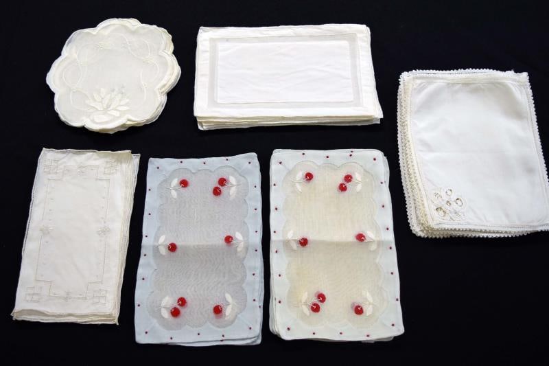 Group Of Vintage Embroiled Linen Cocktail Napkins: Featuring Six Different Sets Of Linen Cocktail Napkins. The Cherry Embroidered Is A Blue & Light Blue, Possibly The Light Blue Was Used More Than The Darker Blue. There Are Three Of The Dark Blue And