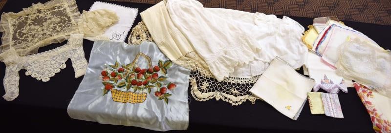 Group Of Antique & Vintage Linens: Featuring Lace Pillow Sham, Dress Crochet Lacing, Handkerchiefs, Round Doillie (stained), Child Lace Bonnet (damaged In Back), Scarves, Vintage Aprons And Embroidered Pillow Case With Strawberries Wit
