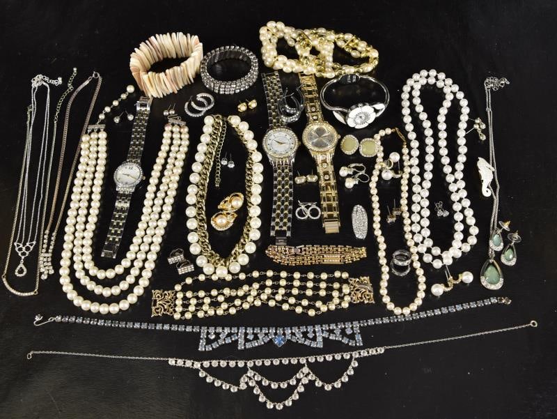 Faux Pearl And Rhinestone Jewelry: Featuring A Group Of Faux Pearl And Rhinestone Jewelry Consisting Of Necklaces, Earrings, Watches, Bracelets, Pendants And Abalone. No Hallmarks, All In Good Condition.