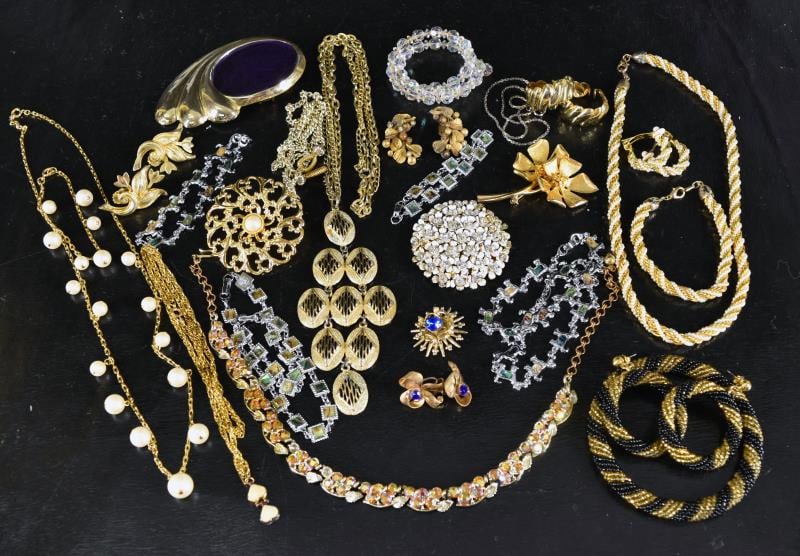 Group Of Vintage Jewelry: Featuring A Sandor Pin, Beaded Necklaces And Earrings, Rhinestone Necklace, Faux Pearls And Bracelets.