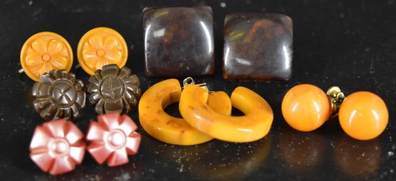 Six Pair Of Bakelite Earrings: Featuring Six Different Pairs Of Bakelite Earrings, In Root Beer, Mottled, Carved And Brown. All Tested And Guaranteed To Be Bakelite.