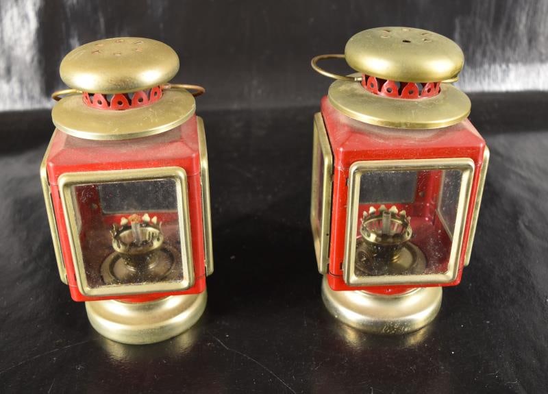 1960's Red And Metal Carriage Oil Lamp: Featuring A Pair Of 1960's Red And Brass Metal Carriage And Hanging Oil Lamps. Complete, In Good Condition, No Broken Glass. Measuring Almost 8" Tall And 4" Square, Not Including The Handle.