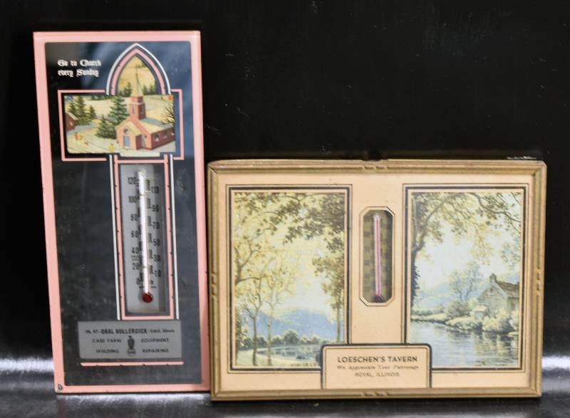 Loeschen Tavern & Oral Bullerdick Advertising: Featuring The Sidell, Illinois Oral Bullerdick Farm Equipment Advertising Thermometer. Together With The Royal Illinois Loeschen's Tavern Advertising Thermometer. Both In Good Condition And With Mercu