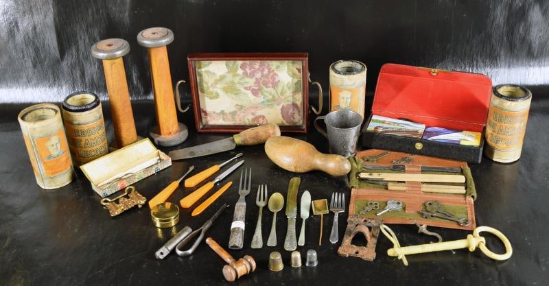 Collection Of Miscellaneous Items: Featuring Vintage Train Poker Cards, Decks Complete, Wood Spindles, Wood Sock Darner, Thimbles, Knives, Fork, Bakelite Manicure Items, Small Tray, Four Edison Wax Music Cylinders And More.