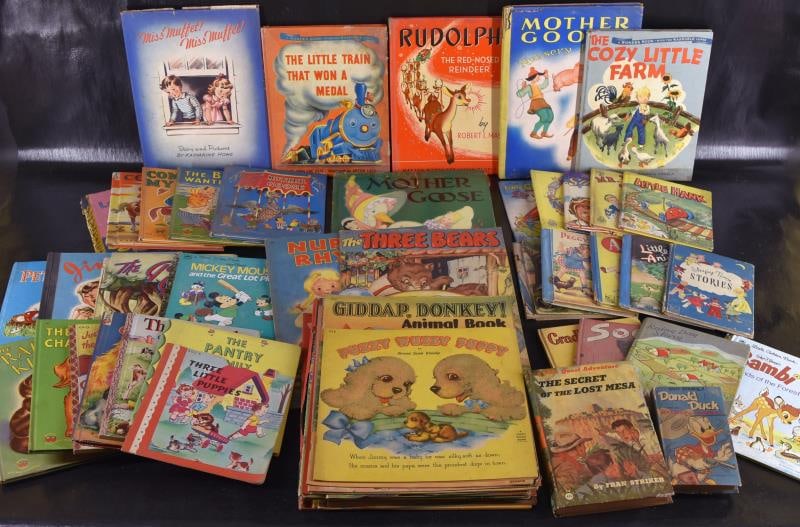 Group Of Vintage Children's Books From The 40's: Featuring Wonder Books, Samuel Lowe, Saalfield, Merrill, Fuzzy Wuzzy Book, Whitman Publishing. Approximately 50 Books In Various Sizes Paper Covers To Hard Covers.